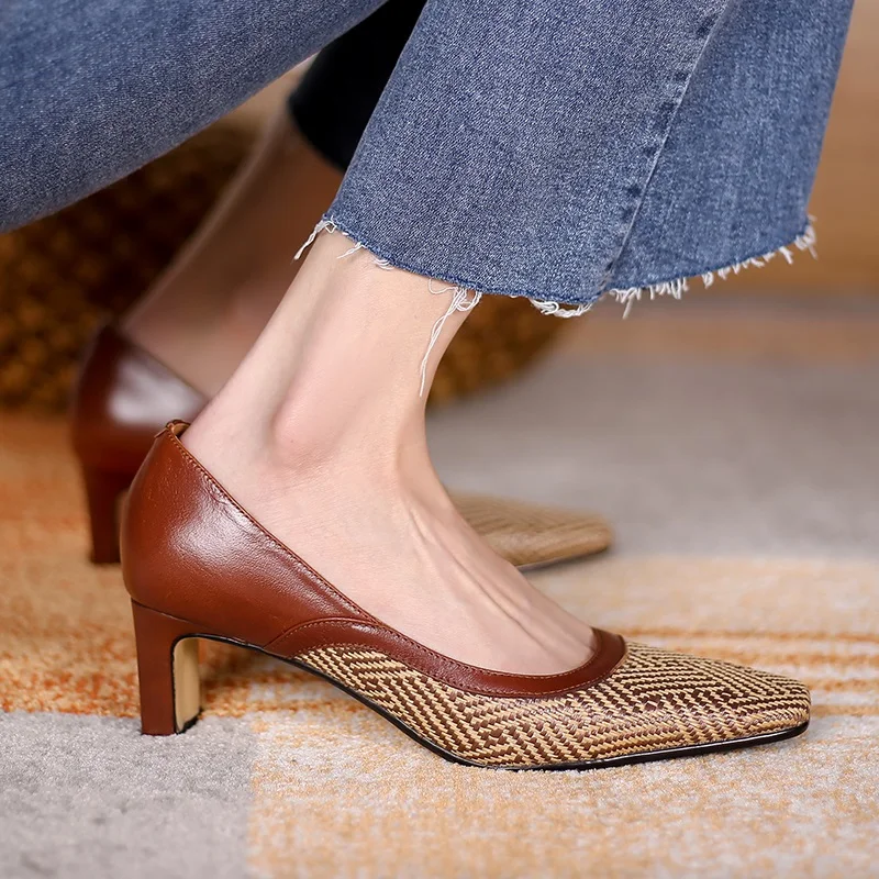 

2021 new spring summer shoes retro style cow leather+weave high heels woman pumps shoes woman party dress office lady shoes