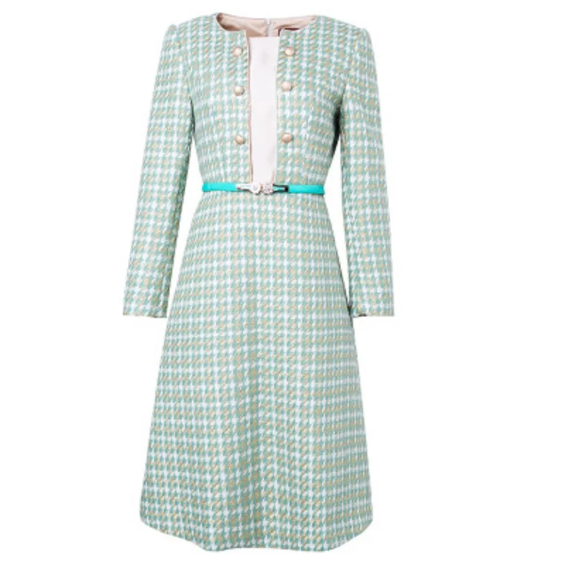 

NEW plaid tweed 2021 dress Women Clothing Winter autumn Elegant dignified Party Dress A-line fashion design dresses with belt