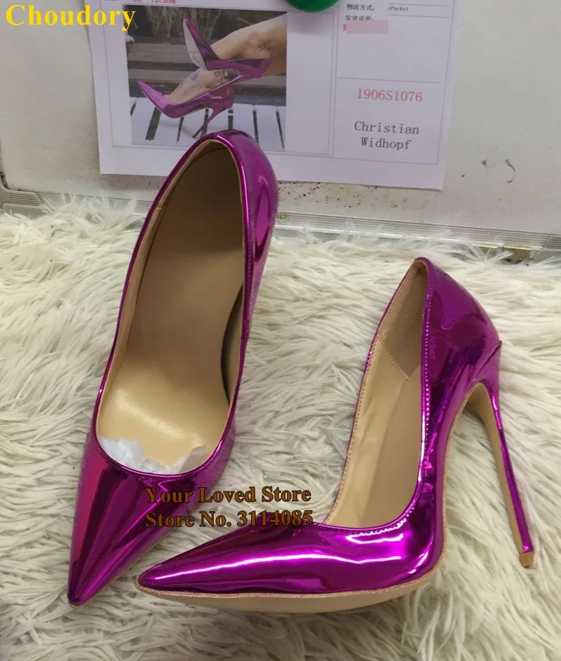 Красные фиолетовые серебристые глянцевые туфли-лодочки Choudory на шпильке