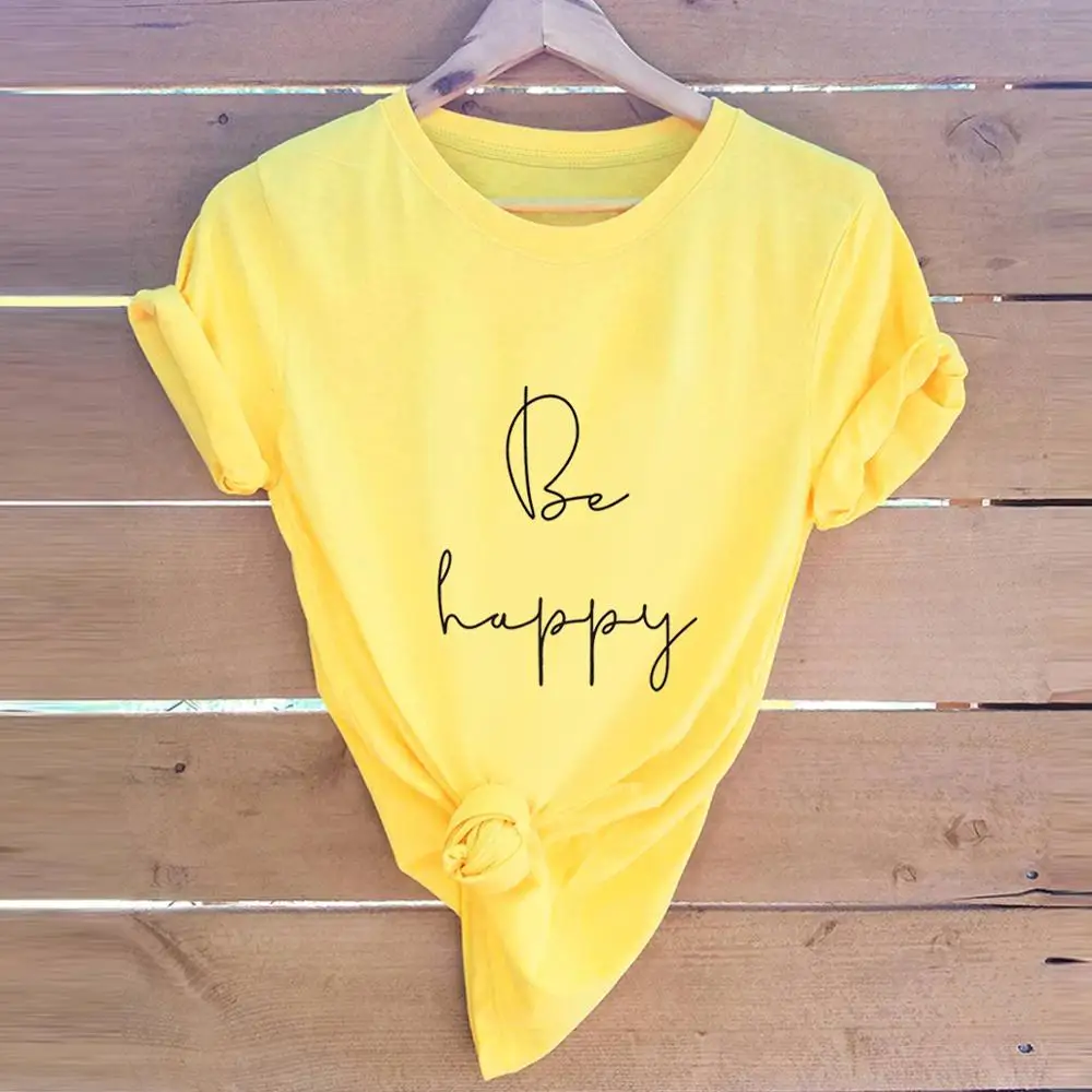 Be Happy Letter Printed Casual Girls T-Shirts Simple loose Summer Women short Sleeve Office Tees Tops Plus size XXXXL 5XL | Женская