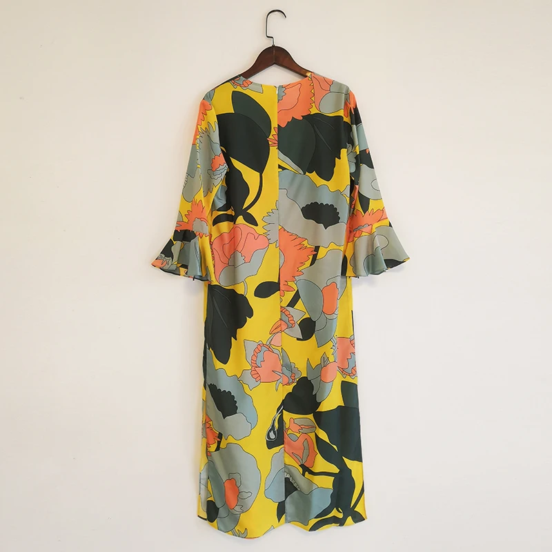 

Fashion Spring Summer Runway Women 100% Silk 2021 New Contrast Color Flower Print Loose Casual Long Dress