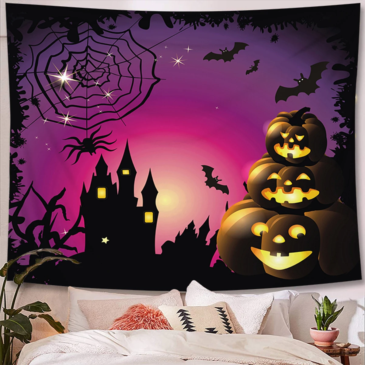 Happy Halloween Tapestry Spooky Pumpkin Bat Witch Spider Moon Wall Hanging Decor for Home College Dorm | Дом и сад