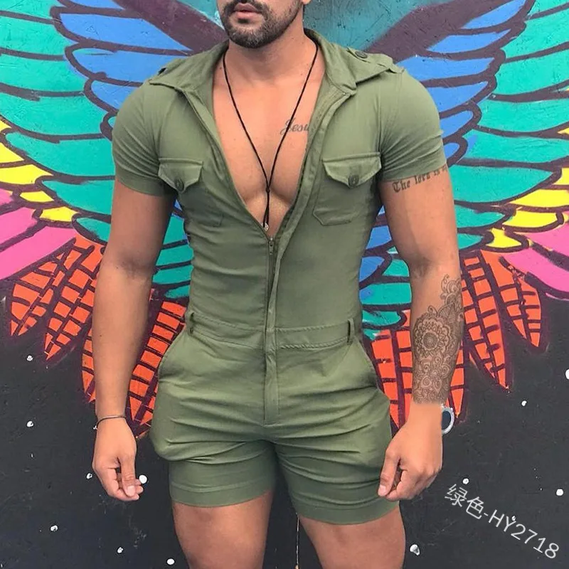 

one piece jumpsuit outfits short sleeve zipper zip up bodysuit slim casual fashion playsuit tracksuit jump suit men sport wear