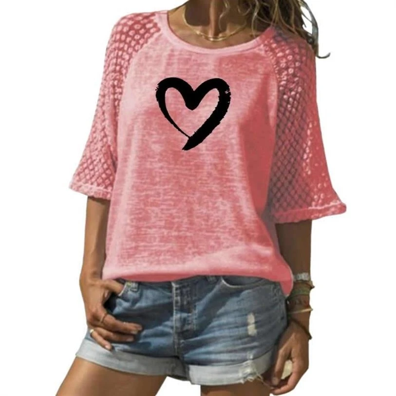 

Arrival T-Shirt For Women Love Shape Letters Print Lace Crew Neck T-Shirt T-Shirt Female Tops Harajuku Tumblr Off The Shoulder