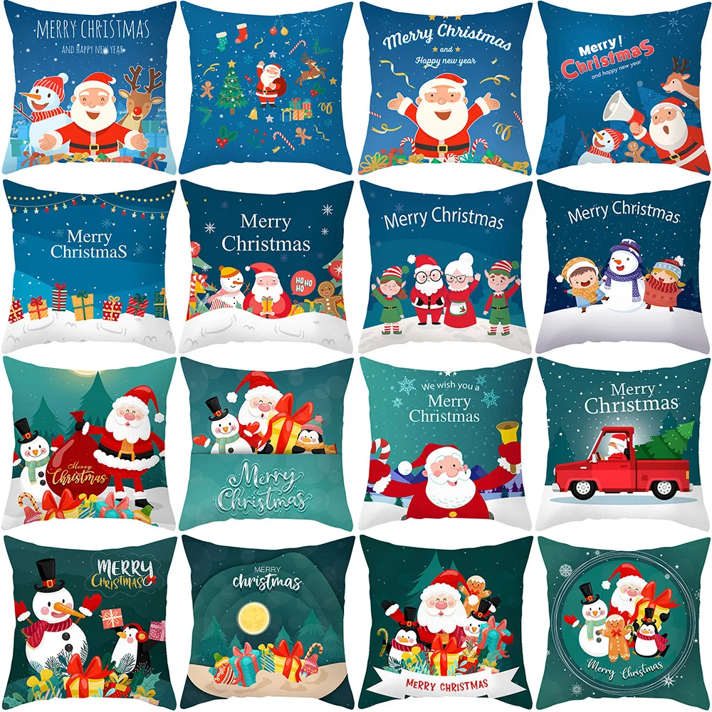 

45cm Blue Christmas Cartoon Santa Snowman Pillowcase Merry Christmas Decor For Home 2021 Happy New Year Kids Naviidad Gifts