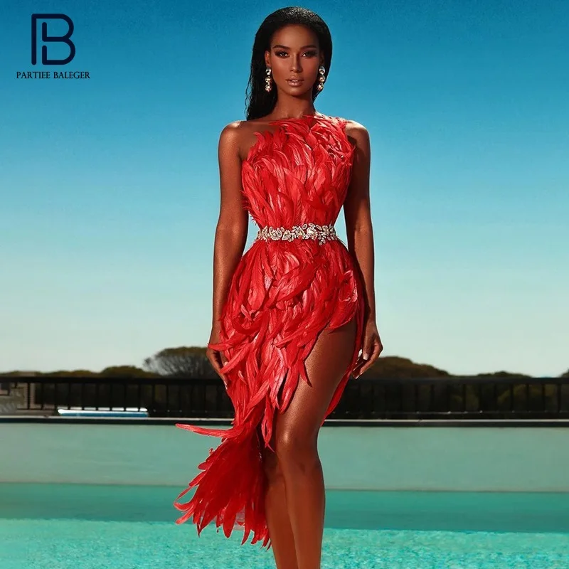 

PB Stylish High Waist Feather Design Red Sequins Dress Sexy One Shoulder Diagonal Collar Celebrity Party Club Free Shipping