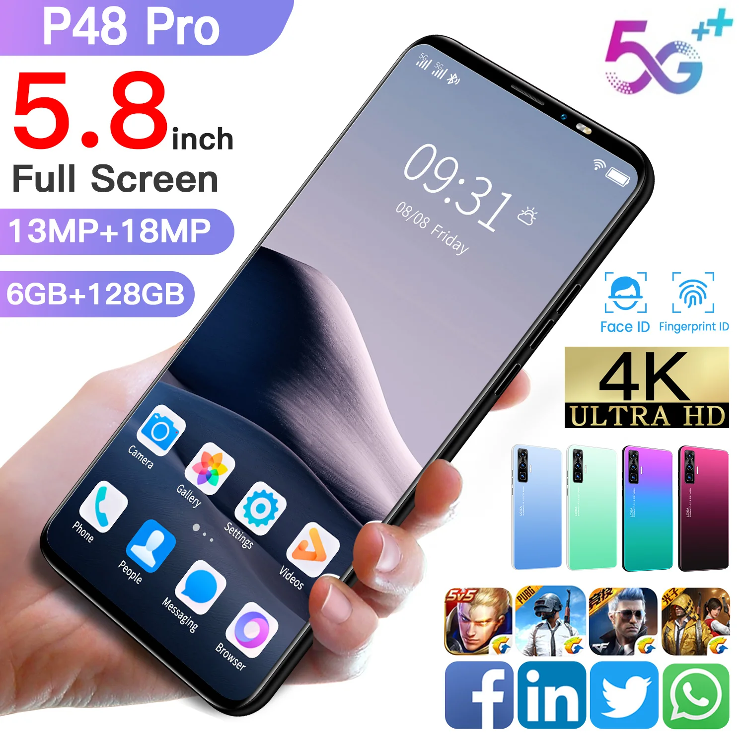 

Hot Sale Cell Phone P48Pro 5.8inch Full Screen Smartphone 6+128G 13MP+18MP 4500MAH Big Battery Dual SIM