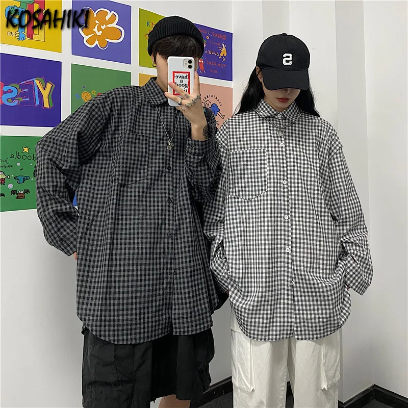 

Корейский стиль 2021, рубашка в стиле преппи, блузка в клетку с длинными рукавами, уличная одежда в стиле Харадзюку, свободные универсальные т...