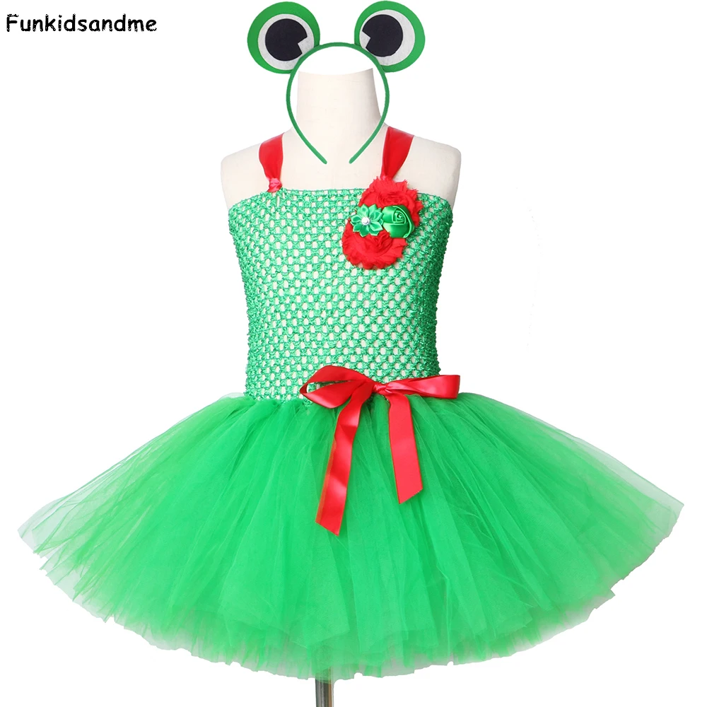 Girls Frog Tutu Dress Green and Red Flowers Kids Birthday Party Dresses for Dance Christmas Halloween Cosplay Costume | Детская одежда
