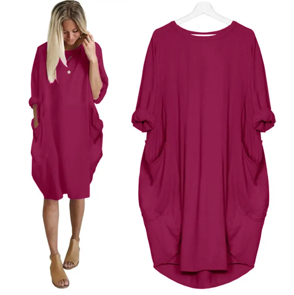 Purple 5XL размера плюс, осенние женские платья с карманами, свободное платье для девушек, вырез лодочкой, повседневные Длинные Топы для девушек, платье, женская мода, большие платья - Цвет: Purple