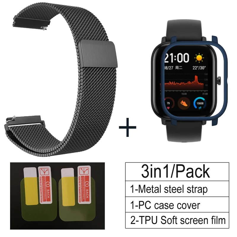 black-deep blue 3 в 1 Аксессуары для Amazfit GTS ремешок с чехол металлический Миланский Браслет для Huami Amazfit GTS Band Защитная пленка для экрана - Цвет: black-deep blue