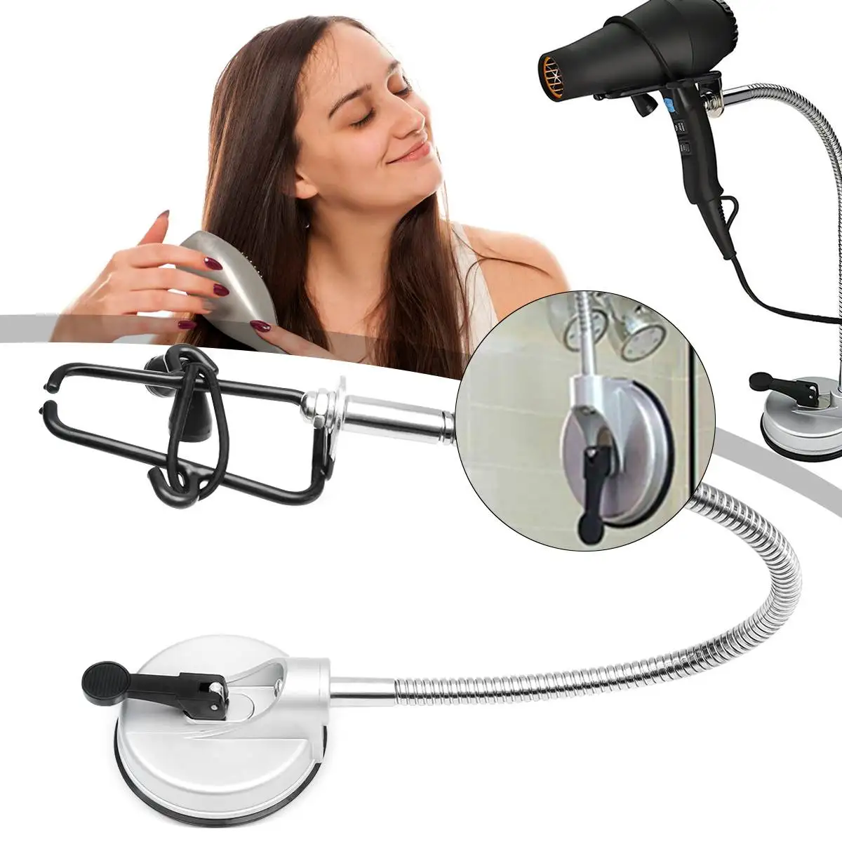 Universal Adjustable Hands Free Hair Dryer Stand Holder Rack Storage 360 Degree Wall Mount With Strong Suction Cup for Bathrrom