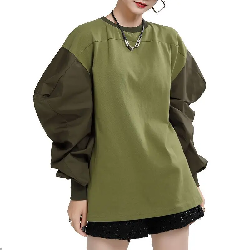 

Loose Fit Contrast Color Sweatshirt New Round Neck Puff Sleeve Women Big Size Fashion Tide Spring Autumn