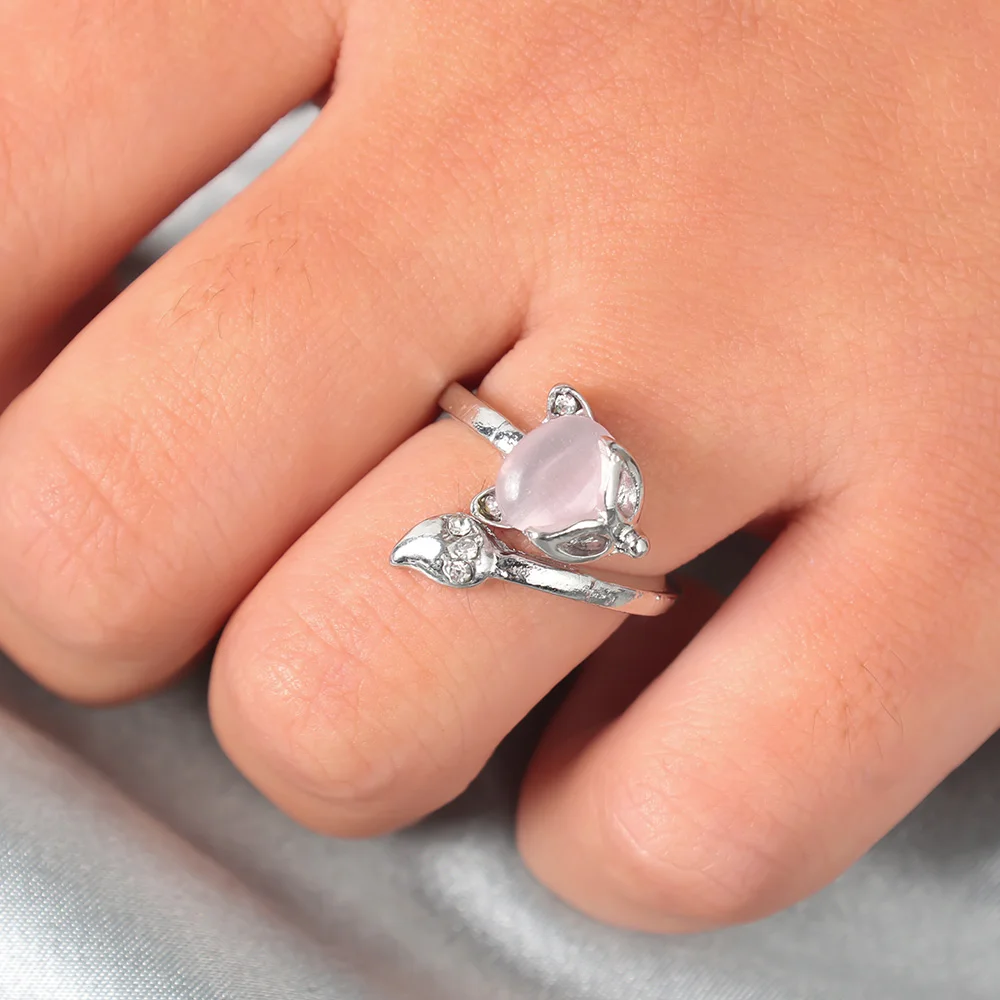

Silver Plated Woman Fashion Jewelry High Quality Crystal Zircon Agate Fox Ring Size Adjustable Wedding Engagement Couple Ring