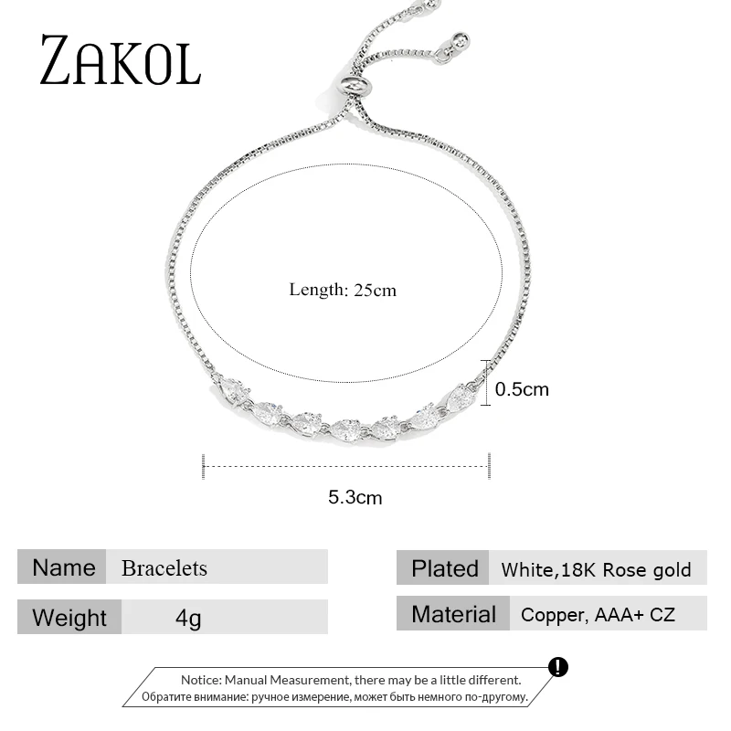 ZAKOL брендовые регулируемые браслеты в форме капли с кубическим цирконием для
