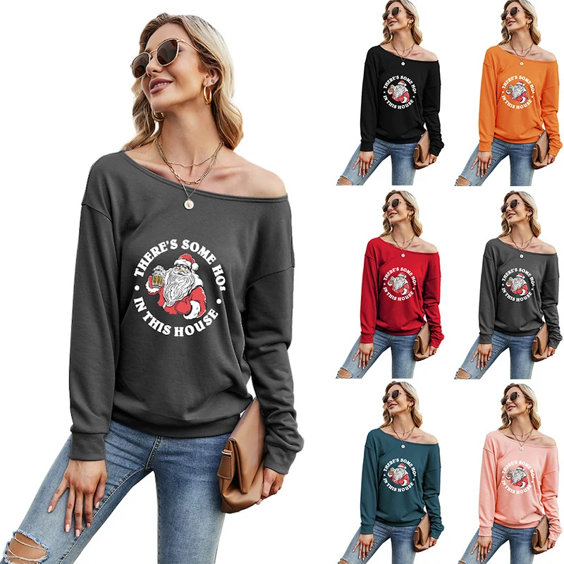 

Christmas T Shirt Women Long Sleeve Tops Sloping Shoulder Print Letter Skew Collar Wearing Autumn Winter Clothing