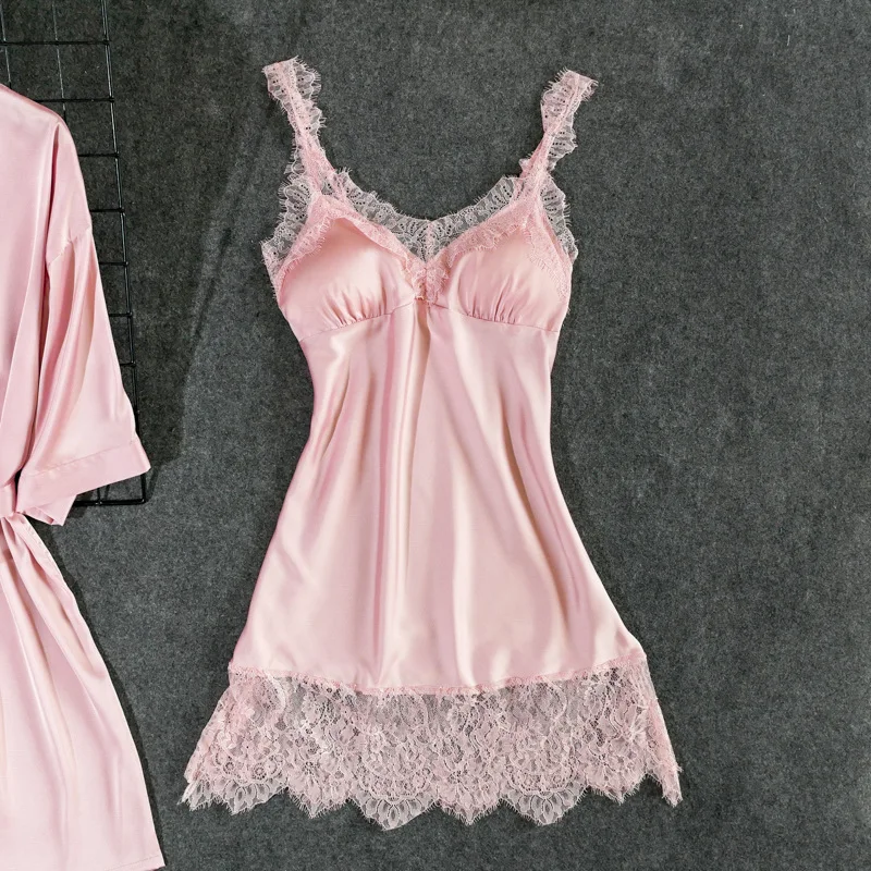 Fiklyc underwear women's sexy padded chest robe& gown sets lace& satin patchwork V-neck mini nightdress+ robes pijamas NEW