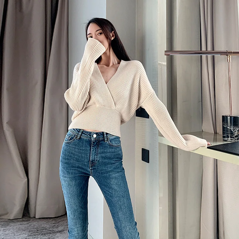 SINGRAIN Women Cross Knitted Sweater Winter Sexy V Neck Korean Fashion Warm Knit Tops Elegant Elastic Knitting Striped Pullovers | Женская