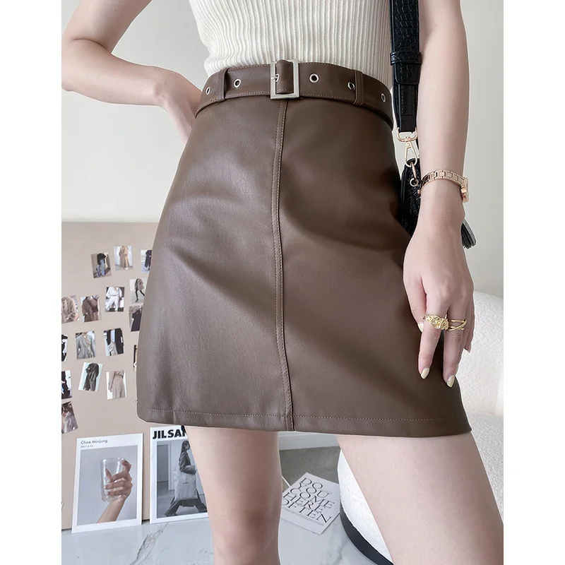 

Korean Fashion Pu High Waist A-line Bag Hip Skirt Short Skirt 2021 Women's Dress Autumn New Style Anti-glare Mini Skirt Women