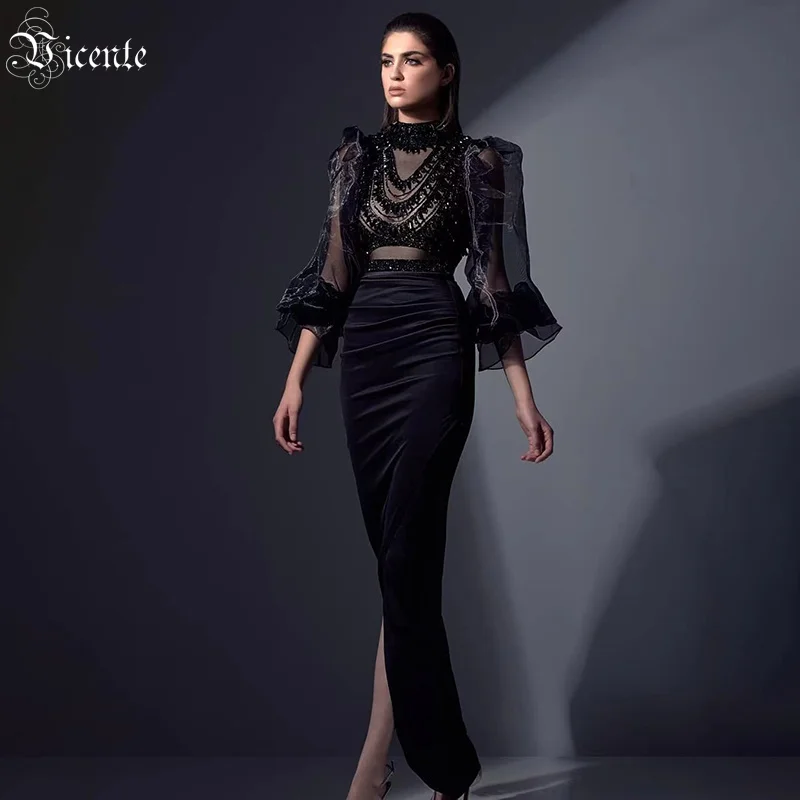 

VC Black Long Satin Dress Necklace Design Frill Long Sleeve Stand Collar Puff Sleeve Fashion Gowns
