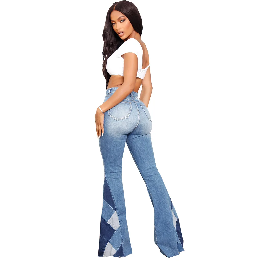 

Women Casual Flare Denim Pants Female Streetwear Jeans Trousers Patchwork Bottoms Women Long Jeans Pants