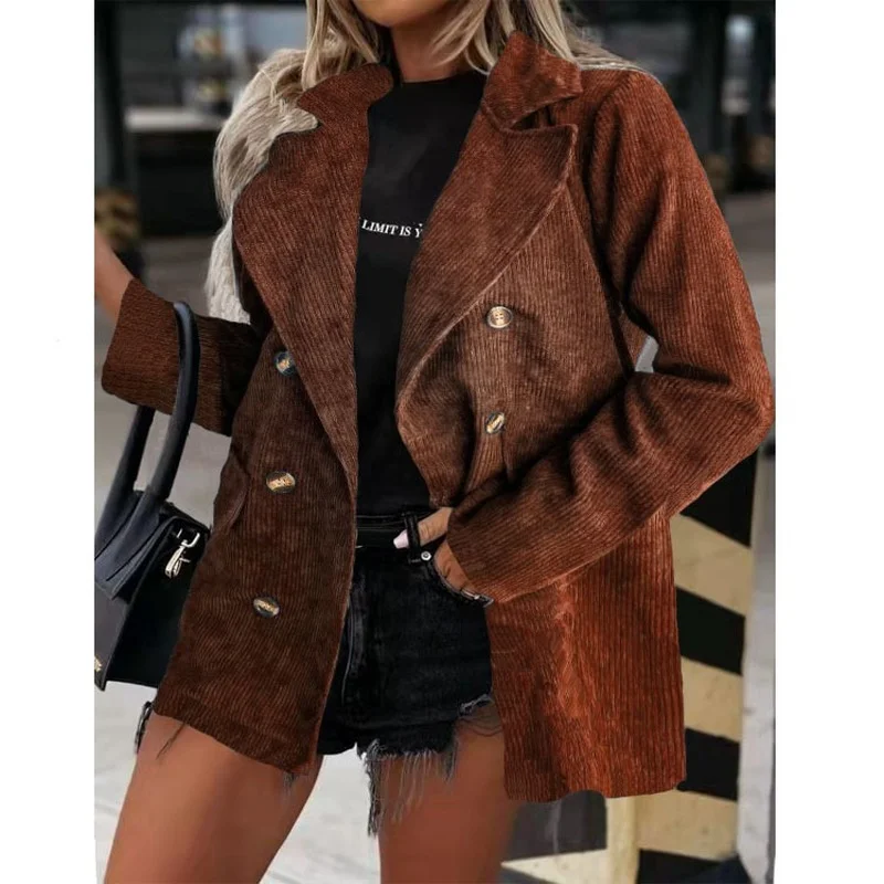 

Corduroy Winter Clothes Women Jacket Double Breasted Notched Leisure Coat Outer Office Lady Wear Business Ropa De Mujer Cardigan