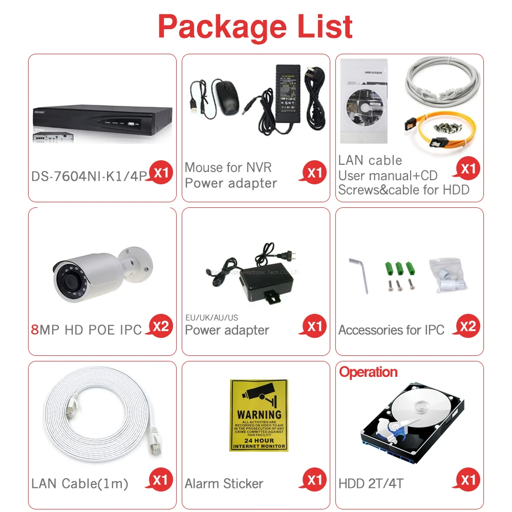 

4CH CCTV System 2PCS Ultra 8MP Outdoor Security POE Camera with Hikvision 4 POE NVR DS-7604NI-K1/4P DIY Video Surveillance Kits