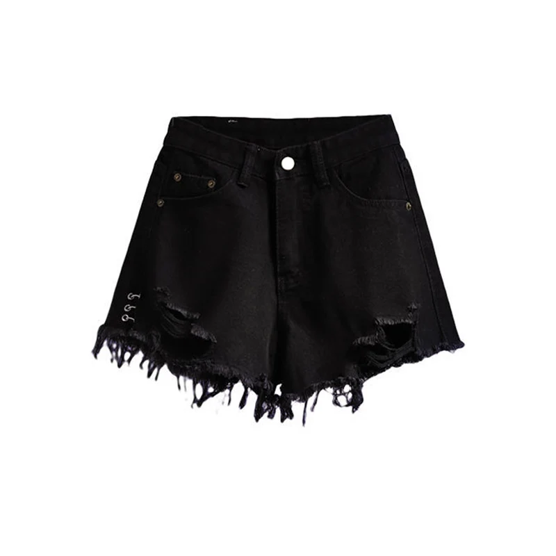 

Summer Fashion Sexy Hole Denim Shorts Women High Waist Large Size 5XL Loose A-Line Hot Pants Burrs Black Blue Jeans Short Femme