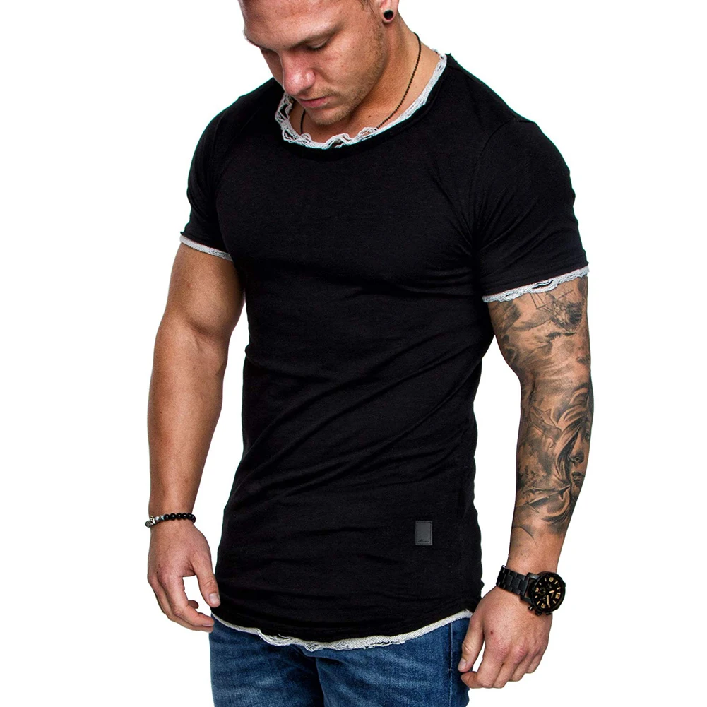 Базовые мужские топы Однотонная футболка с круглым вырезом и коротким рукавом