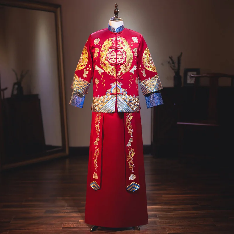 

Китайская традиционная вышивка дракона, Свадебный халат для жениха, модель 2XL, одежда Hanfu, костюм Тан с воротником-стойкой для свадьбы