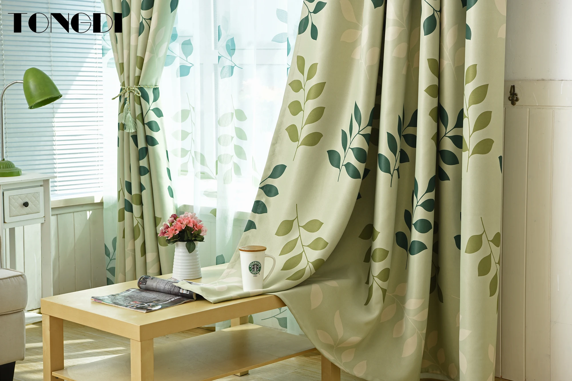 Светонепроницаемые шторы TONGDI с изображением зеленых элегантных листьев