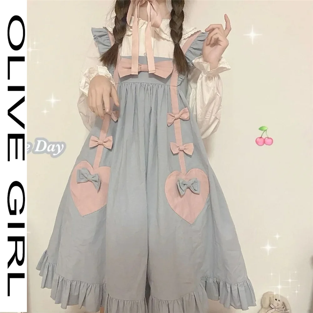 

Kawaii Strap Dress Lolita Bow Elegant Sweet Girl Blue Ruffles Flying Sleeves Square Collar Loose Clothing Japanese Preppy Style