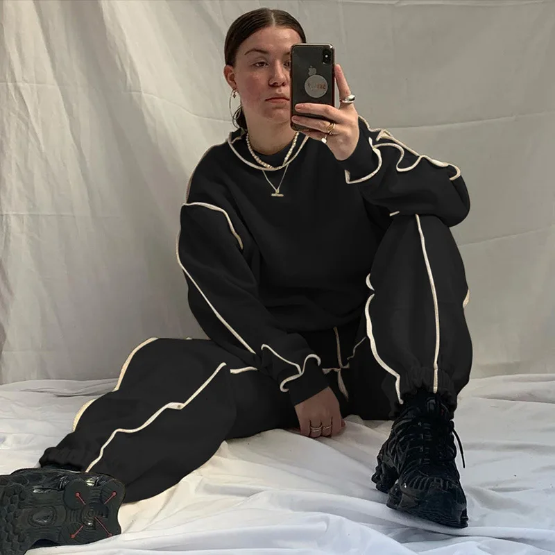 

Amazon Foreign Trade Autumn 2020 New Long Sleeve Top Sets 23422P Sweater Line Stitching Trousers Set