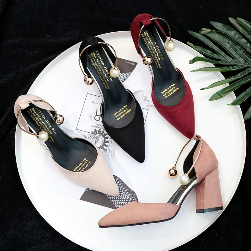 Женские туфли-лодочки в Корейском стиле из замши с острым носком на квадратном