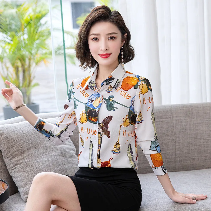 

Elegant Women Vintage Blouse Sleeve Long Turn-Down Collar Printed Korean Spring Autumn Women'S Chiffon Shirts Blouses Casual Top