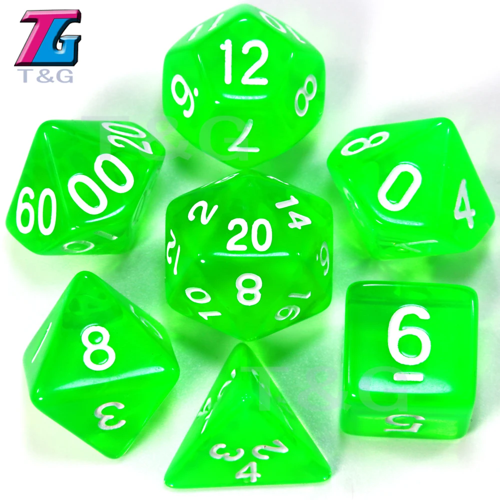 7 шт./компл. прозрачный набор костей для ролевых игр D4, d6, d8, d10, d10%, d12, d20 для Настольная игра, красный, синий, желтый, фиолетовый, зеленый, светло-зеленый высокое качество - Цвет: light green