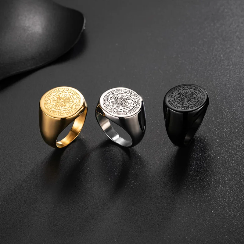 Кольцо семь/четыре Архангела нержавеющая сталь 316L/золото 18 карат/черный амулет