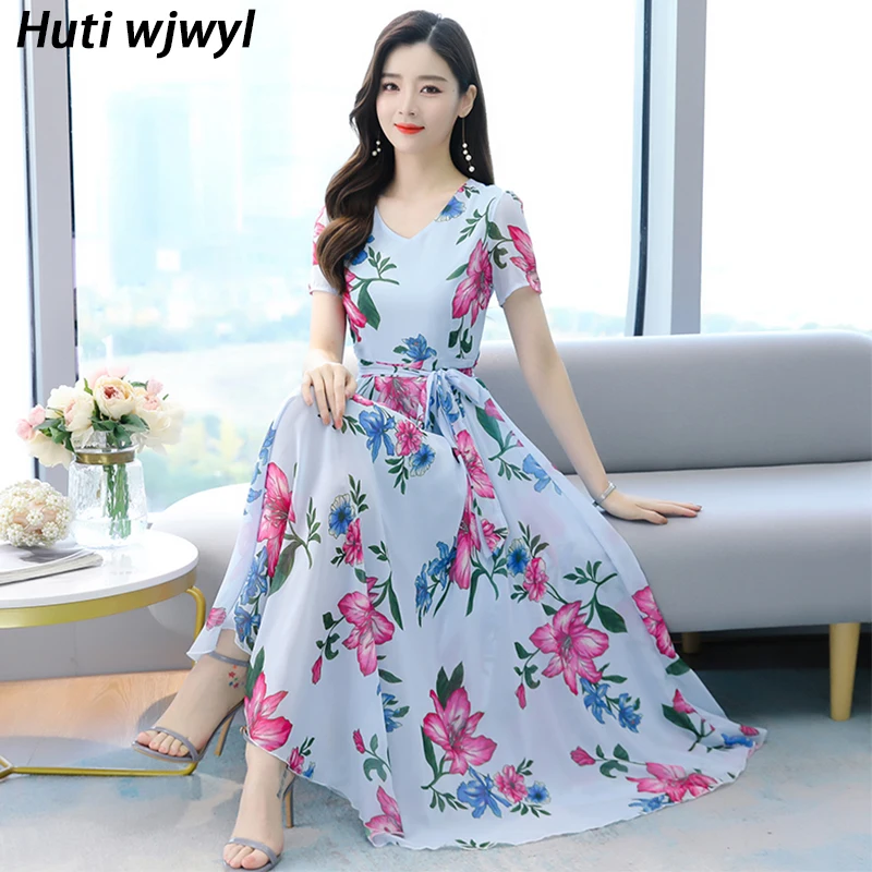 

Blue Floral Chiffon Women Sexy Maxi Robe 2022 Summer Vintage Casual Print Midi Prom Dress Elegant Bodycon Party Evening Vestidos