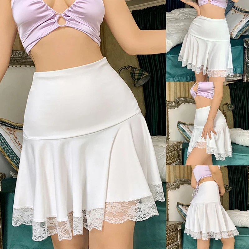 

Gothic Lace Patchwork Hem Mini Skirts White Pleated High Waist A-Line Women Skirt Summer Fashion Streetwear Outfits