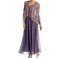 lace purple mother of the bride dress ankle length chiffon long sleeves 3 pieces jacket evening dress wedding party dresses 2020