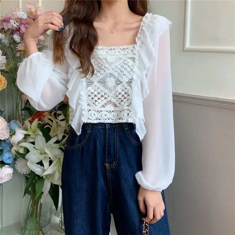 

Women Ruffle Shirts Blouses Argyle Embroidery Patchwork 2021 Summer Korean Puff Sleeve Lace Chiffon Blouse Long Sleeve Crop Tops