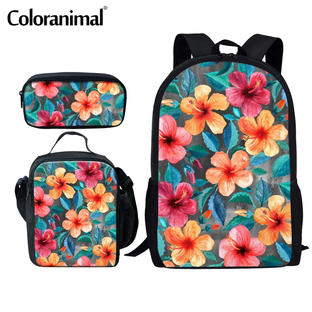 

Coloranimal 2021 Hot Sell Large Capacity Backpack Set With Lunch Bag&Pencil Bag Pretty Hibiscus Printed Girls School Bag Bolsa
