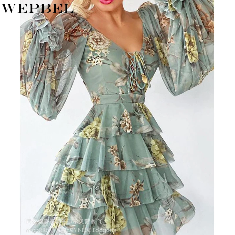 

WEPBEL Dress Women's Casual Floral Printed Mesh Slim Dress Autumn V-neck Backless Bandage High Waist Pleated Stitching Dress