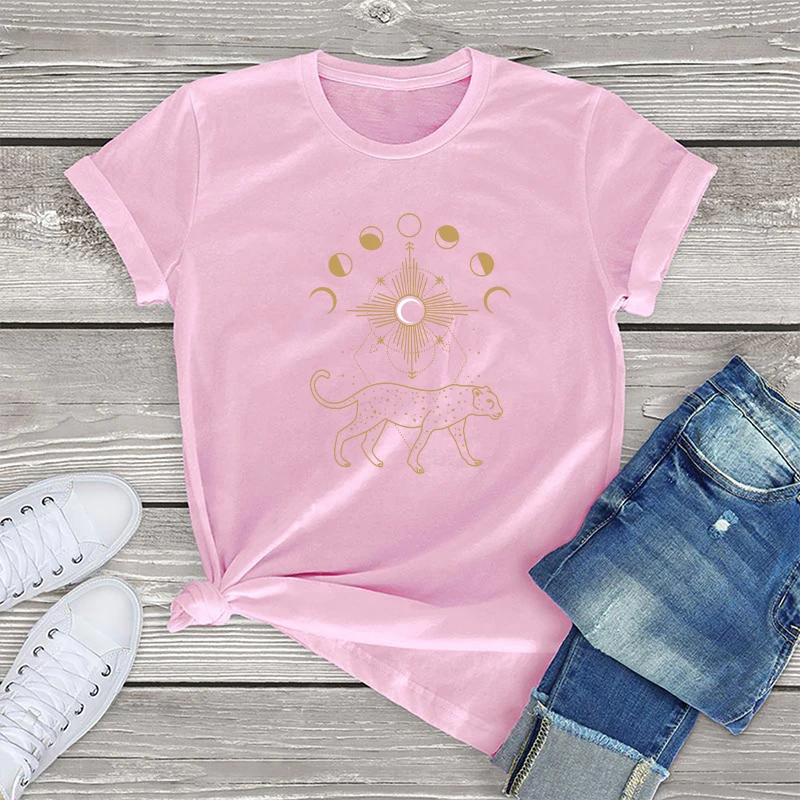 Women 2021 Summer Short Sleeve Divination Leopard Fashion Print Lady T-shirts Top T Shirt Ladies Womens Graphic Female T-Shirt | Женская