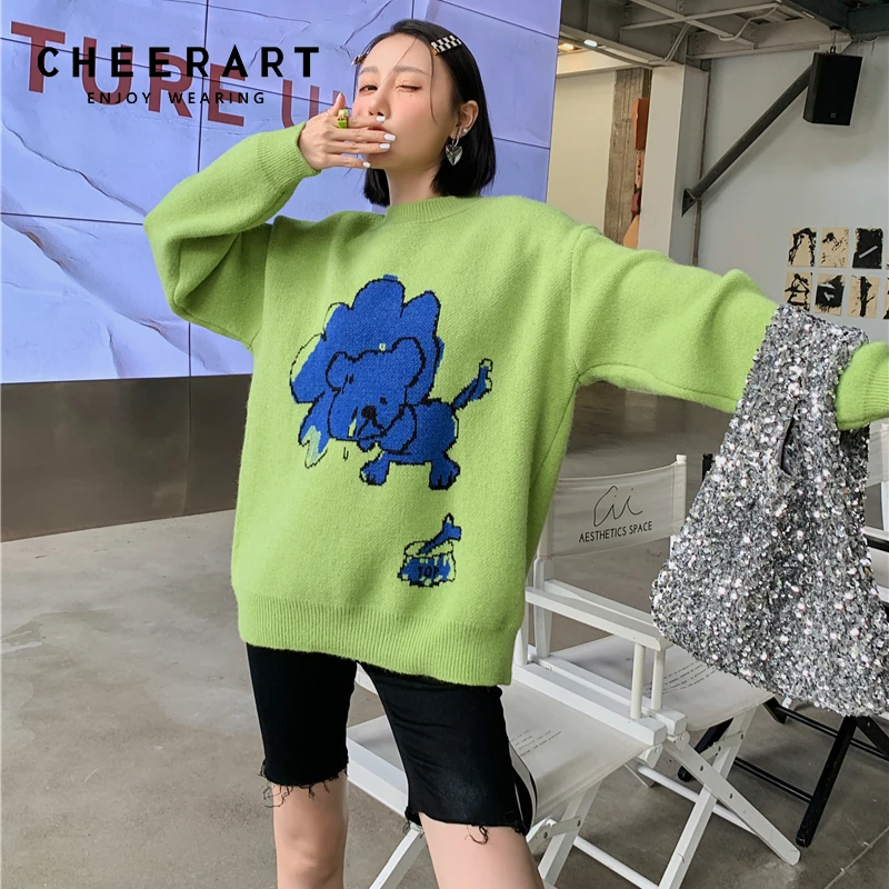 

CHEERART Green Cartoon Sweater Korean Fashion Pullovers Winter Clothes Women Crewneck Oversized Sweater Knitwear Streetwear