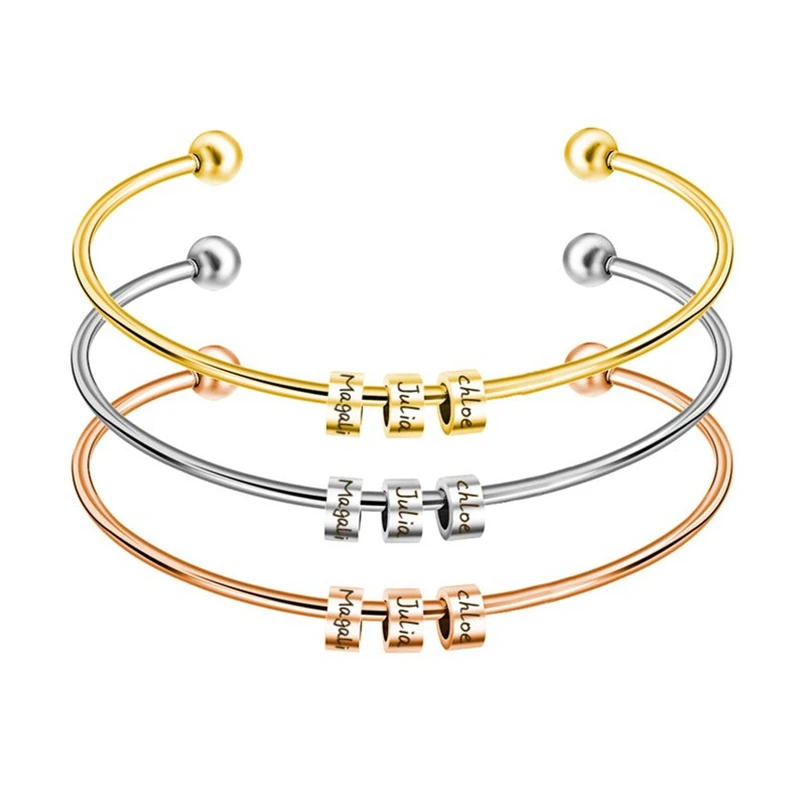 Engrave Family Names Beads Personalized Cuff Bracelet Ball Closure Custom Monogram Beads Bangle Bridesmaid Bracelet
