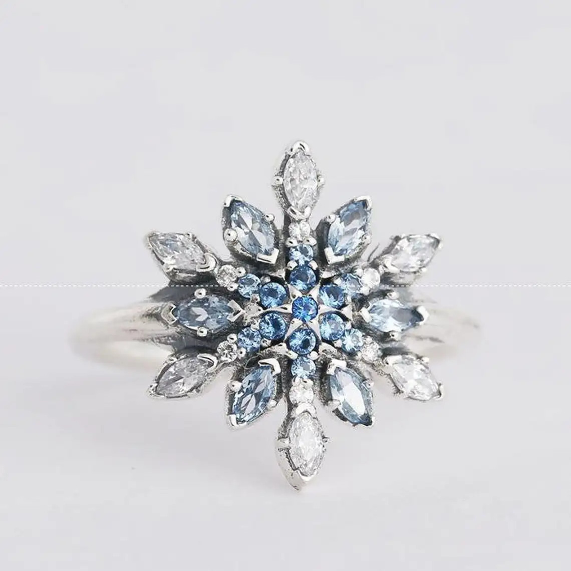 

925 Sterling Silver Crystalized Snowflake with Blue Crystals & Clear CZ Fashion Pandora Style Ring For Women