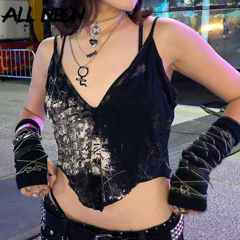 

ALLNeon Grunge Punk Aesthetics Deep V Graphic Black Cami Tops Y2K Streetwear Sexy Backless Spaghetti Strap Crop Top Goth 2022
