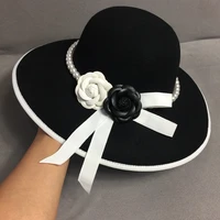 formal wide brim white black flower fedora hat pearls band 100 wool felt floppy ladies wedding church hat porkpie trilby hat