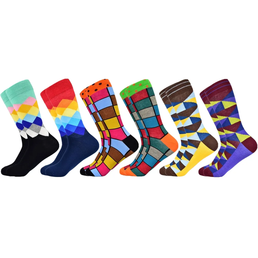 6 pairs socks-1 Популярные мужские носки из чесаного хлопка подарки для мужчин клетчатые геометрические повседневные мужские носки Цветные счастливые мужские носки - Цвет: 6 pairs socks-1